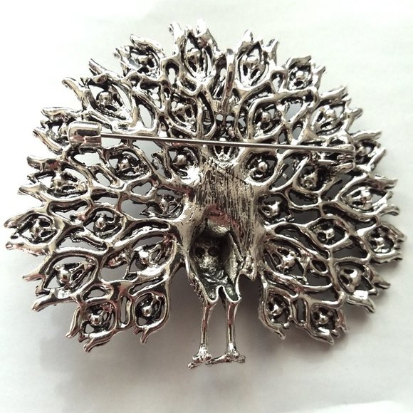 Peacock Rhinestone Brooch Pin Large Bird Stunning Feathers Sylish Glam Statement - Picture 2 of 2
